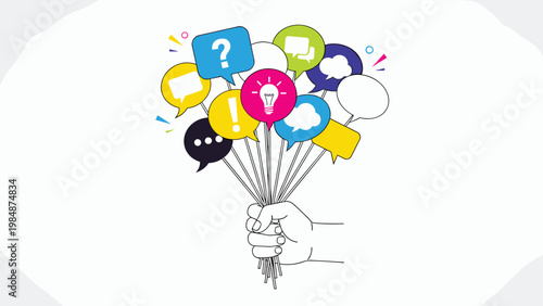 Human hand holding a bunch of balloons with different icons representing ideas, questions, communication, and creative thinking.