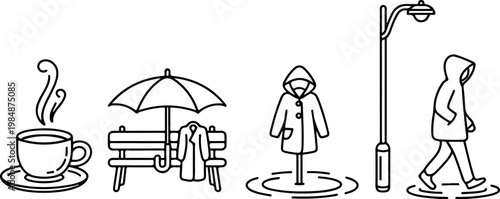 Rainy day icons set with hot coffee cup park bench and person in raincoat walking past street lamp in autumn.