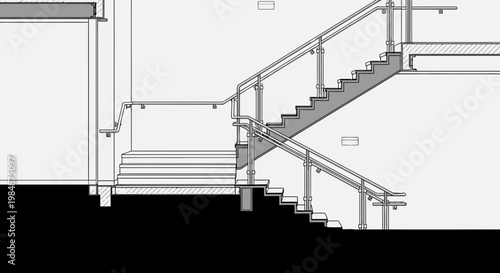 Architectural Staircase Section Detail with Handrails and Flooring