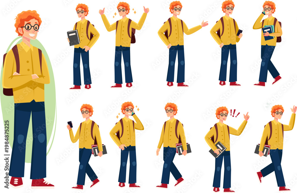 Fototapeta premium Cartoon character poses, student illustrations, yellow shirt, blue jeans, 10 poses