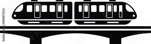 Modern train silhouette on elevated railway bridge, urban transportation icon, metro commuter design, public transit infrastructure, city planning, flat vector illustration