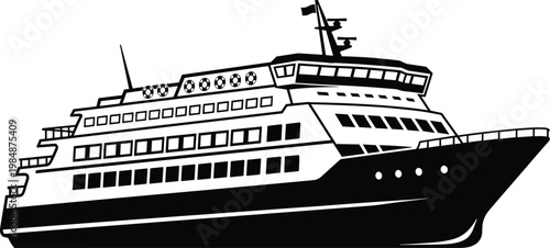 Large passenger ship silhouette with multiple decks, ferry vessel design, maritime transport icon, ocean travel, nautical architecture, flat vector illustration