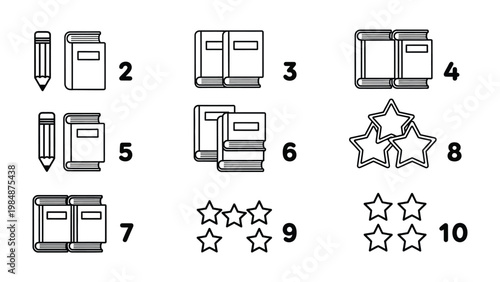 Literacy Elements: An educational illustration, presenting essential learning tools like pencils, books, and stars, each paired with a distinct numerical value.