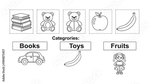 Educational Categorization: A structured array of images, categorizing items like books, toys, and fruits, creating a visual educational tool.