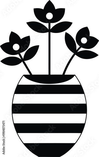 Black and White Striped Vase with Flowers Vector, illustration