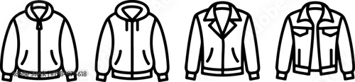 Set four jacket outlines bomber hoodie blazer denim vector icons clothing outerwear isolated white background.