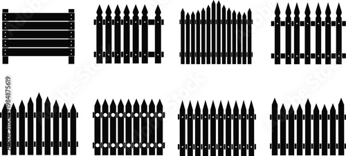 Fence silhouette collection, wooden barrier icons, garden boundary design, picket fence styles, decorative outdoor architecture, flat vector illustration