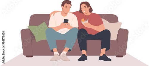 Young gay couple with cell phone and snack on couch at home, enjoying free time and relaxing together