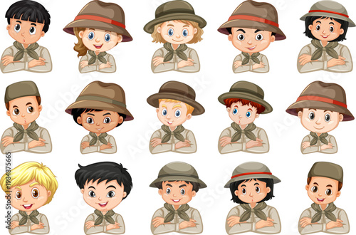Scout, cartoon characters, kids, avatars, icons, 16 people, vector