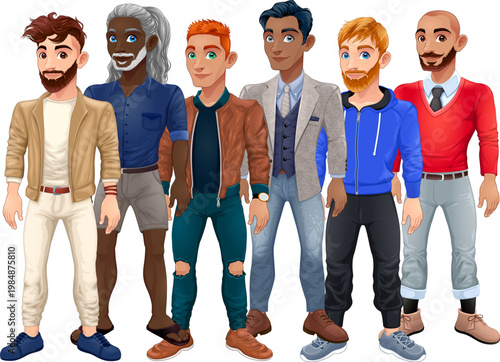 Diverse male avatars, cartoon characters, vector illustrations, six men, different ethnicities