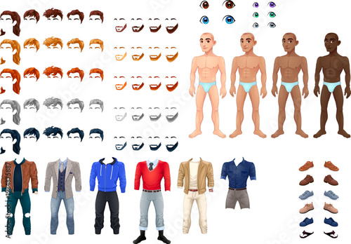 Male Avatar Builder Kit, 40 Editable Character Parts, Vector Graphics