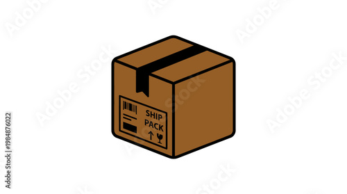 A 3d illustration of a black and white dice cube resting on a brown cardboard shipping box for a fragile business delivery package