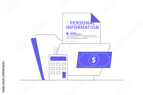 Personal income tax with calculator and personal information. Taxation, digital marketing, and accounting  projects. Flat Cartoon Vector Illustration, icon Stylish abstract design landing page web