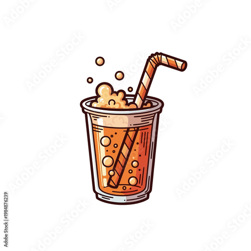 A refreshing orange soda with bubbles and a striped straw in a clear plastic cup, perfect for a hot day.