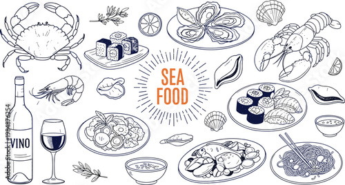 Seafood hand drawn vector set with crab lobster sushi oysters and dishes illustration isolated on white background