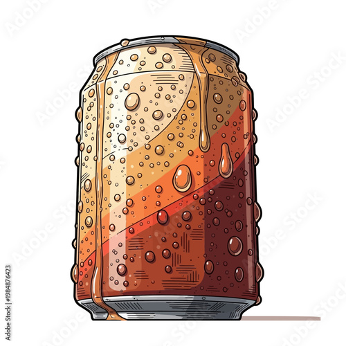 A refreshing, cold, condensation-covered soda can with a gradient of brown and orange hues, suggesting a sweet beverage.