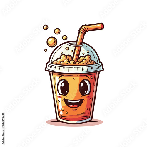 A cheerful cartoon orange soda drink with a straw and bubbles.