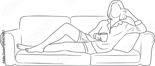 Woman lounging on sofa, holding mug, relaxed posture with hand in hair.