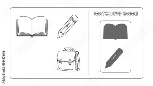 Educational Matching Game: An engaging educational resource featuring a matching game, showcasing line art illustrations of school supplies, perfect for interactive learning.