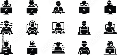 People playing games and participating in e-sports with controllers computers headsets icon