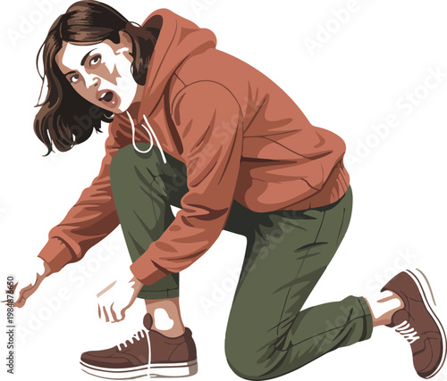 Young woman in orange hoodie and green pants tying shoelaces on brown sneakers, looking surprised indoors