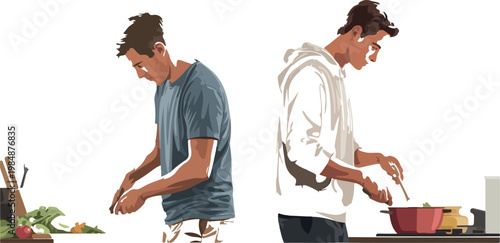 Two men preparing food together in kitchen, chopping vegetables, cooking meal, healthy lifestyle.