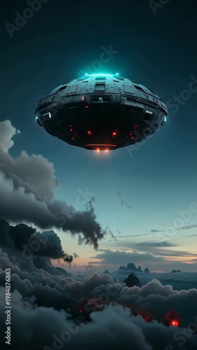 A sci-fi flying saucer suspended in the air, an alien spacecraft descends into the sea of clouds