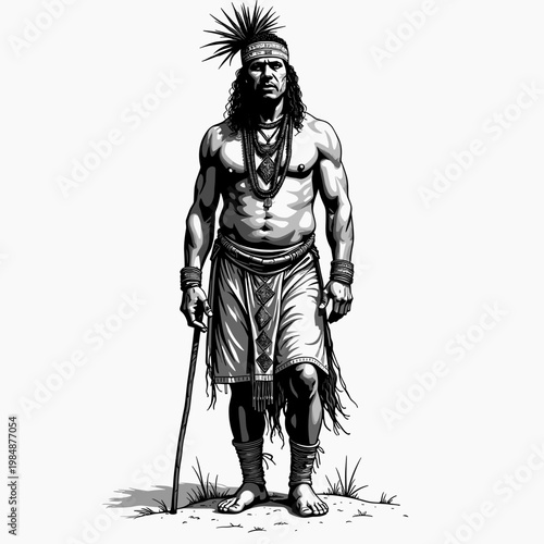 indigenous warrior in traditional ethnic attire with staff for historical blogs, cultural websites, educational presentations, ethnographic posters, museum displays and awareness articles.