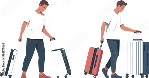 Two men with luggage bags, one pushing a green trolley, other pulling red suitcase, isolated transparent.