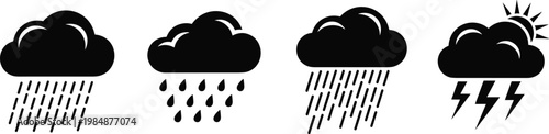 Weather forecast icons, rain cloud, light rain, moderate rain, heavy rain, thunderstorm with sun, black silhouette, flat vector illustration