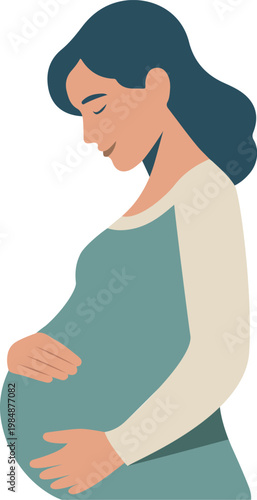 A flat vector illustration of a pregnant woman in profile, gently holding her belly. A serene and minimalist portrayal of motherhood, pregnancy, and new life.