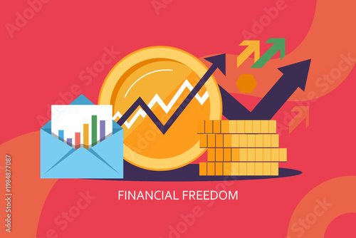 A vibrant flat illustration for financial freedom featuring stacks of coins, a large gold coin with a growth graph, an envelope with a report, and rising arrows.