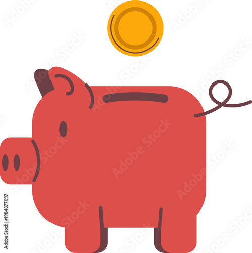 A simple flat illustration of a pink piggy bank with a gold coin hovering above the slot. A clean, minimalist concept representing savings, finance, and investment.