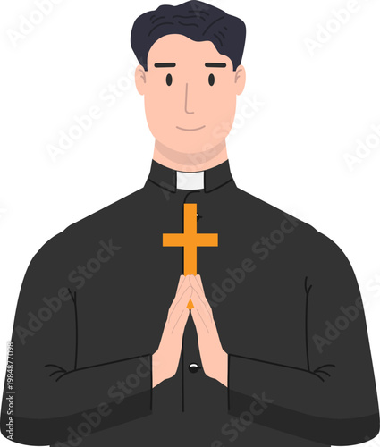 A flat vector illustration of a priest holding a Bible with a cross on the cover. A professional character design representing clergy, faith, and religious service.