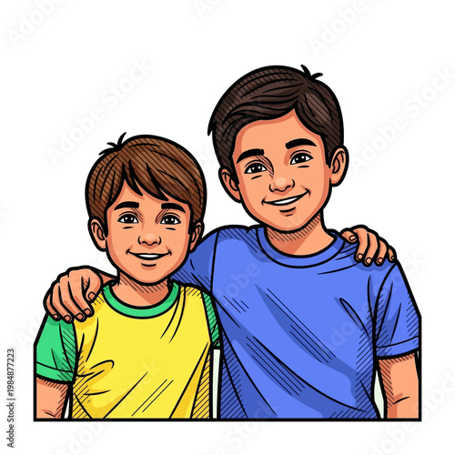 Two smiling young boys, brothers, with arms around each other, showing friendship and happiness.