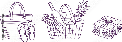 Picnic doodle set with basket wine pineapple grapes sandwiches beach bag flip flops hand drawn vector illustration
