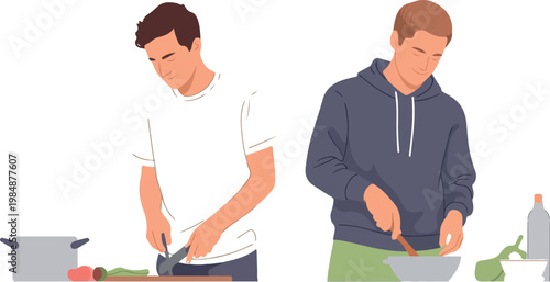 Two young men cooking together at kitchen counter preparing meal with vegetables pot and bowl flat vector art.