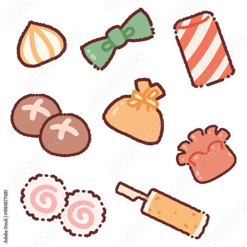 Cute Kawaii Japanese oden illustration set:soup dumplings, kelp knots, crab sticks, mushrooms, fish roll，Fukubukuro