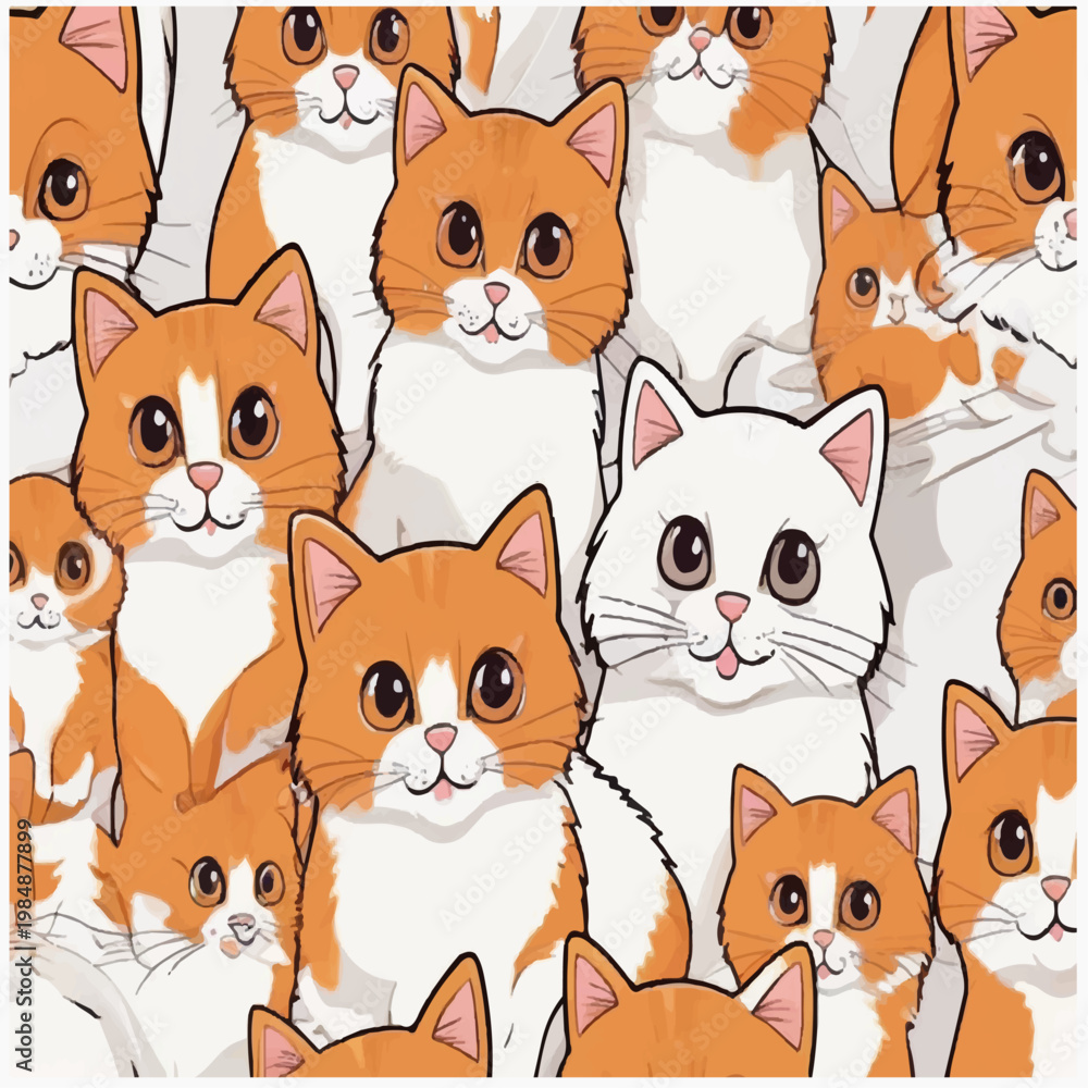 Fototapeta premium Cute Orange & White Cat Pattern – Kawaii Cartoon Kitty Seamless Design