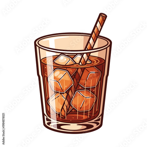 A refreshing glass of iced cola with a striped straw, perfect for a hot day, presented in a clean cartoon style.