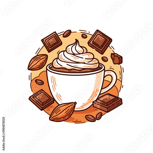 A delightful illustration of a hot chocolate cup with whipped cream, surrounded by chocolate squares, cocoa beans, and coffee beans.