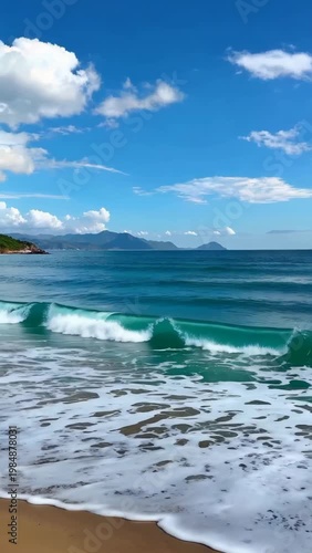 Beach seascape under blue sky and white clouds, waves crashing on the beach video pixel