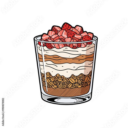 Delicious layered parfait with granola, yogurt, and fresh strawberries in a clear glass.