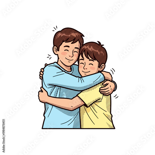 Two happy brothers hugging each other warmly with smiles on their faces.