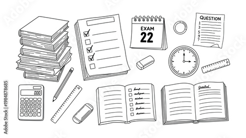 Educational Study Tools Illustration: A comprehensive collection of essential study tools, perfectly illustrated for educational and academic endeavors. Featuring a pile of books, notepad, calendar.