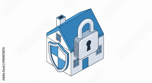 Isometric Home Security Concept with Padlock and Protection Shield for Insurance and Property Safety