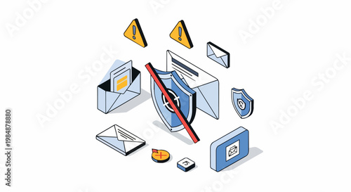 Isometric Illustration of Email Security Concept with Shields and Warning Icons for Cyber Threat Protection