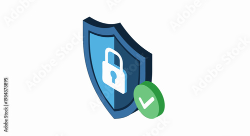 Isometric Blue Security Shield with Padlock and Green Checkmark Icon for Cybersecurity, Data Protection, and Privacy Verification Concept