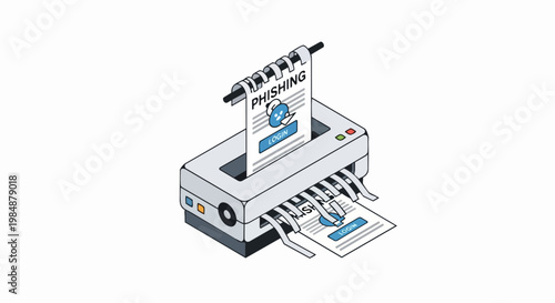 Phishing Attack Prevention Isometric Illustration - Paper Shredder Destroying Malicious Login Document for Cybersecurity and Data Privacy Concept