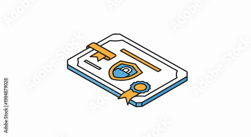 Isometric SSL Digital Certificate Icon with Security Shield and Padlock; Cybersecurity Document for Web Protection and Online Verification Illustration